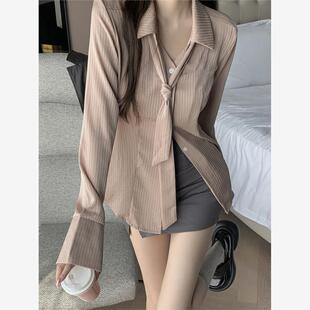 百搭小众设计感别致衬衣上衣 2023长袖 新款 高级感女秋天粉色衬衫