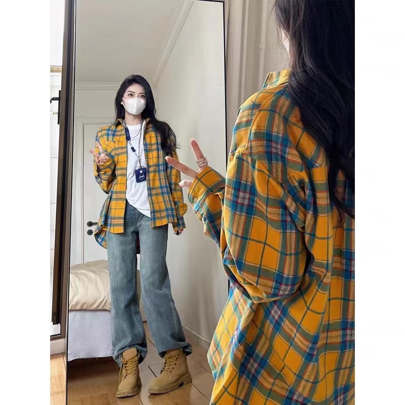 黄色格子衬衫女春秋新款大码设计感小众打底衬衣内搭叠穿长袖上衣