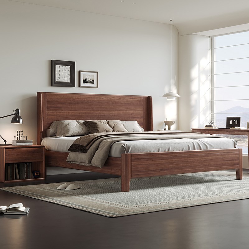 速发实木大新中式主卧室1.5m1.8m框架床床新款黑胡桃木轻奢双人床