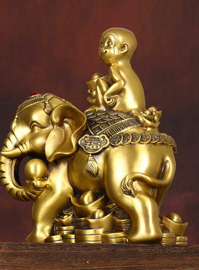 速发象摆猴大象上件纯铜封侯拜相生肖猴铜猴子客厅办公室装福吉祥