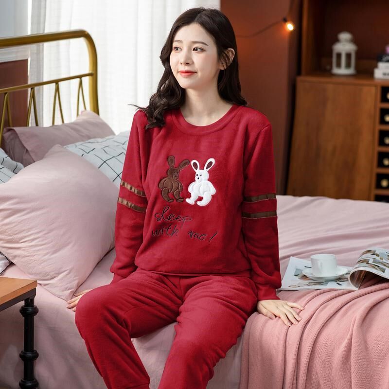双面蓄热加绒睡衣女秋冬天珊瑚绒套头加厚保暖法兰绒中年妈妈套装