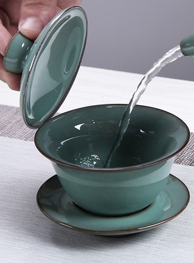 凌胜 仿宋官窑三才盖碗  陶瓷冰裂釉天青简约家用泡茶器茶碗铁胎