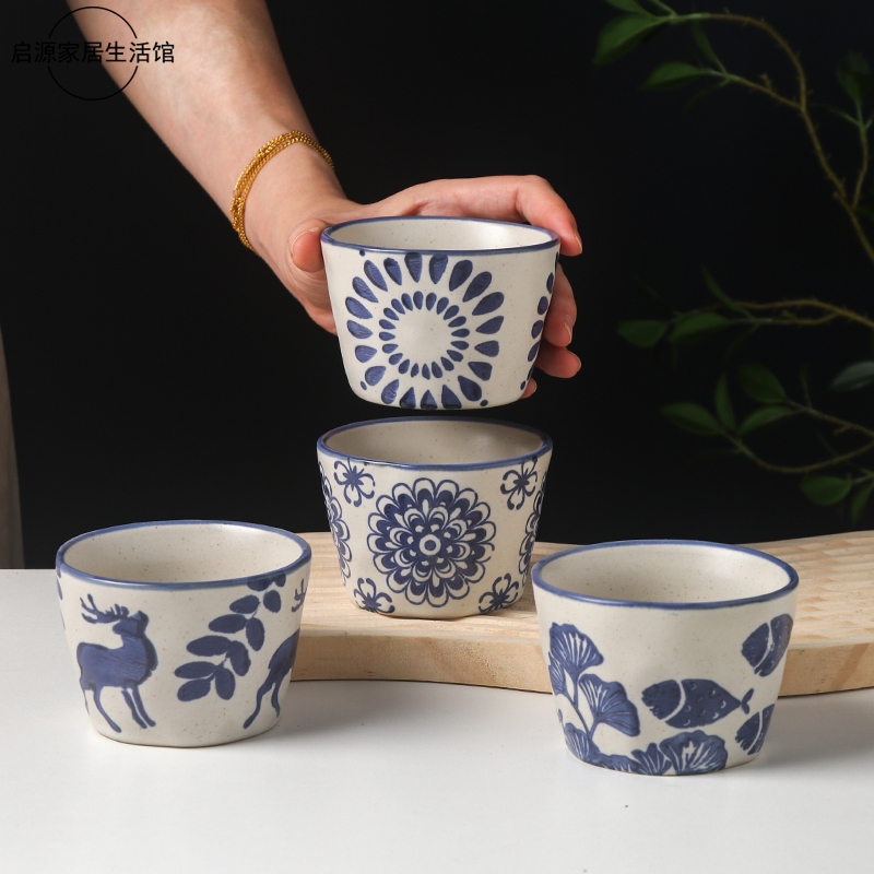 日式猪口杯创意围炉煮茶陶瓷茶杯复古阔口手握咖啡拉花杯家用水杯
