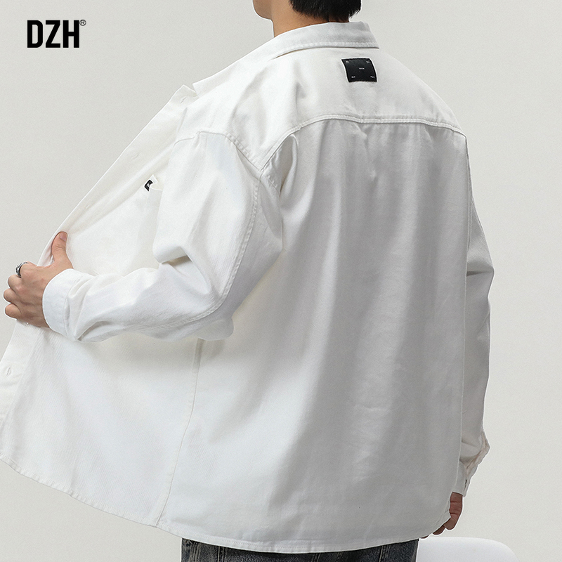 男士白色工装衬衫男长袖高级感痞帅秋季宽松衬衫2023新款翻领外套