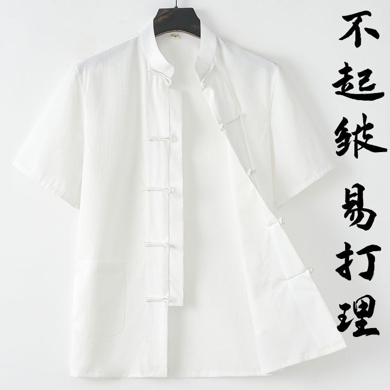 唐装男款夏季短袖上衣中国风新中式免烫盘扣工作服男薄款抗皱衬衫