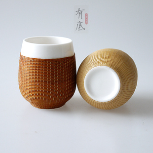 竹编茶杯竹丝扣瓷手握杯瓷胎竹编功夫茶具主人杯品茗杯无把手新款