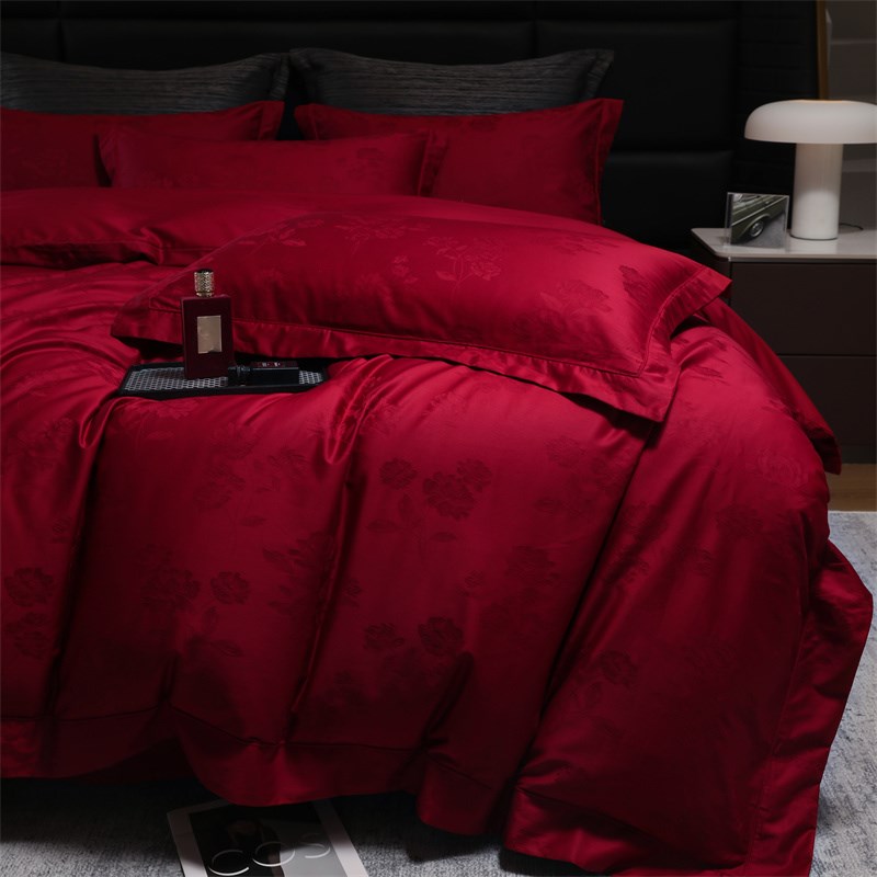 高端婚庆四件套100S长绒棉红色提花宽边被套纯棉结婚婚嫁床上用品