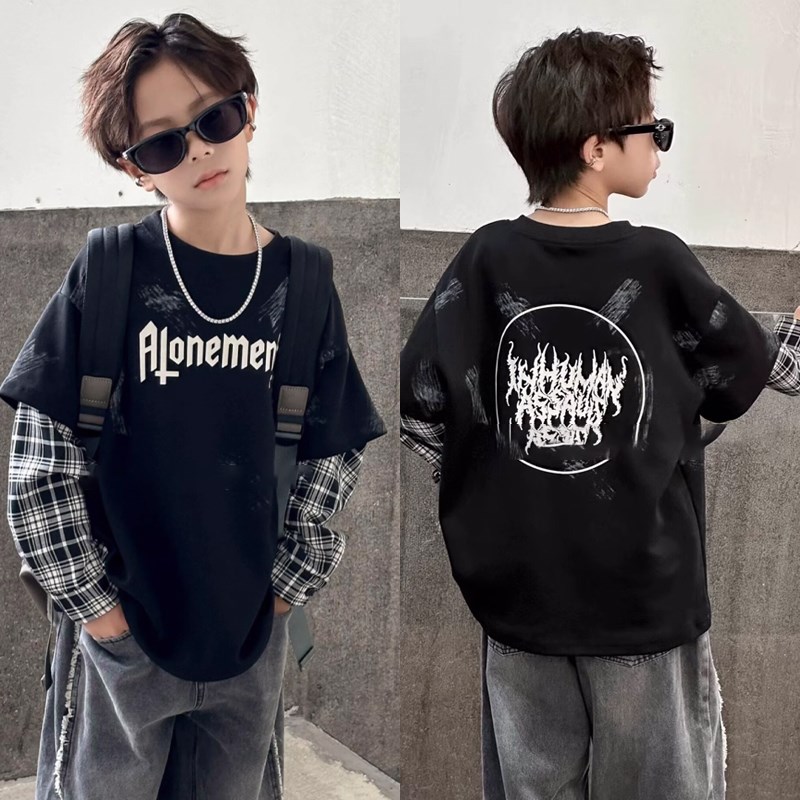 童乐鱼童装男童假两件长袖T恤秋款中大童上衣儿童格子卫衣潮5879