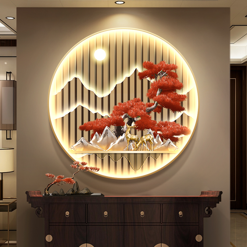 新中式玄关装饰画迎客松树走廊过道挂画背有靠山圆形茶室带灯壁画图片