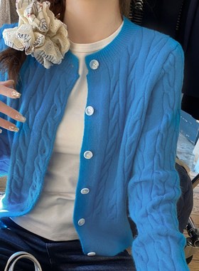 克莱因蓝色圆领针织开衫女外套外穿2025春秋新款外搭毛衣长袖上衣