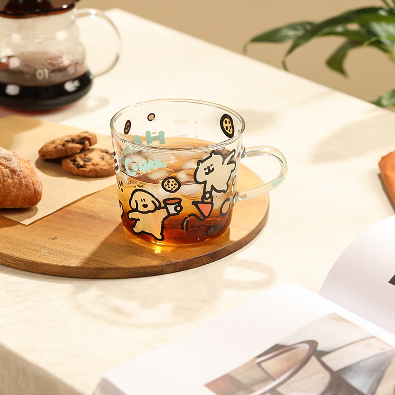 蓝莲花玻璃早餐杯高硼硅杯子耐高温带把手女生可爱喝水杯家用茶杯