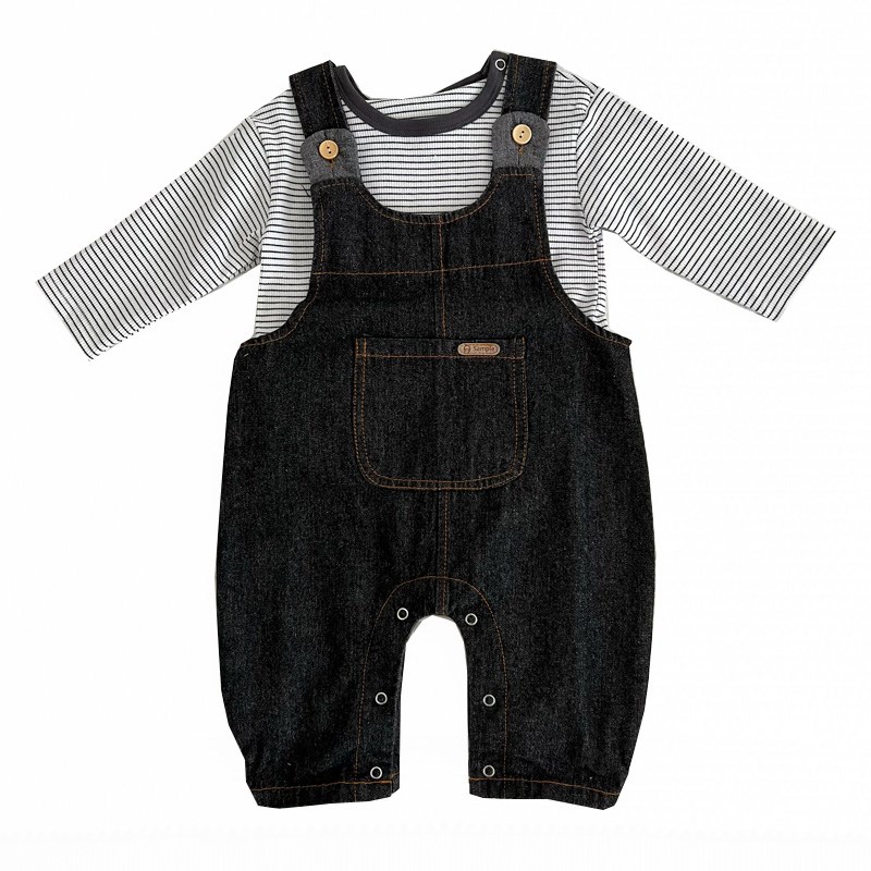 婴幼儿秋天衣服男女宝宝牛仔开档背带裤条纹T恤套装外出两件套潮