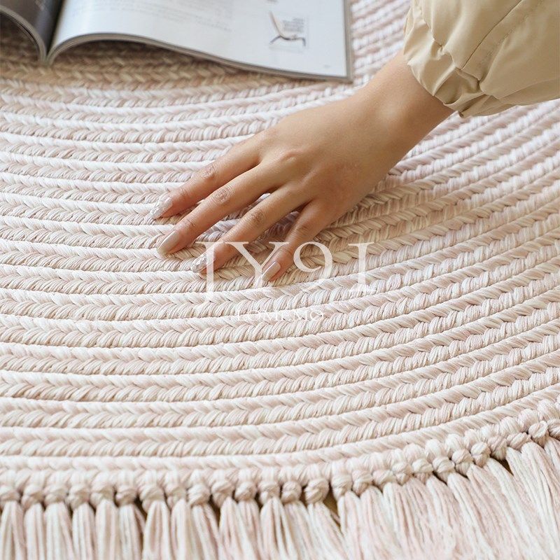 久忆粉色手工流苏编织圆形地毯无胶环保客厅茶几毯书房卧室圆地垫,居家布艺,地毯,淘宝优惠券,粉丝福利购,淘宝优惠卷