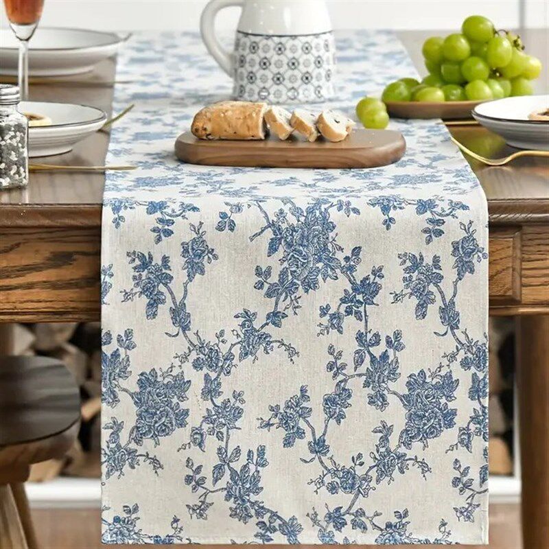 复古青花瓷蓝色桌旗美式餐桌装饰防尘茶桌垫布创意艺术装饰