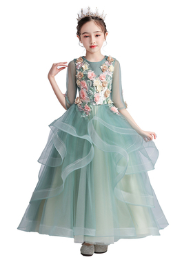 女孩走秀礼服公主裙蓬蓬纱生日女孩主持人儿童钢琴演出服绿色高端
