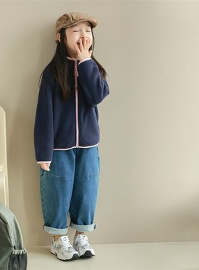 utouto大耳象女童破缝休闲牛仔裤2024冬季新款女宝个性裤子蓝色