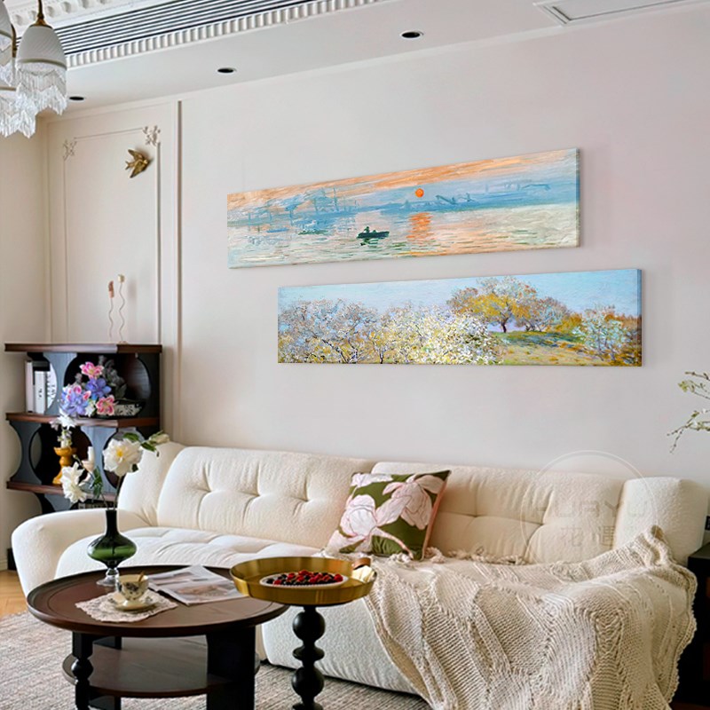 莫奈法式奶油风客厅沙发背景墙装饰画卧室床头横幅U艺术画无框挂