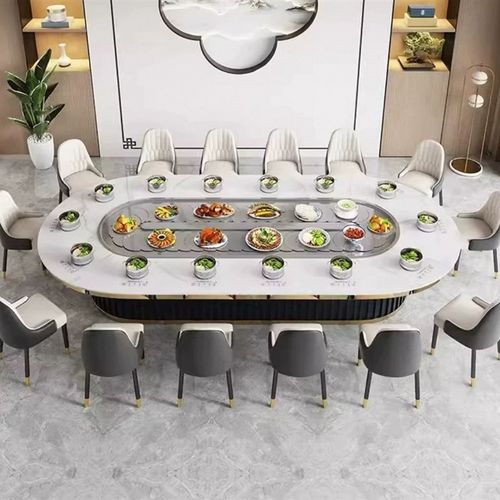 酒店椭圆形c岩板大理石电动餐桌传送带自动旋转长方形电磁炉火锅