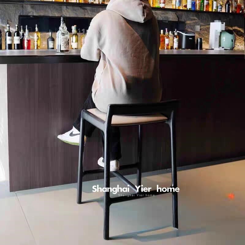 中古实木高脚椅家用o咖啡厅吧台椅设计师复古绳编餐椅岛台椅靠背
