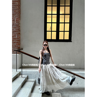 韩系一整套ootd穿搭休闲套装 半身裙 女夏辣妹挂脖吊带背心宽松长款