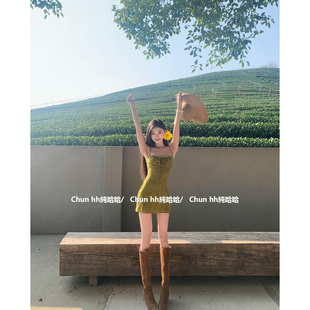 法式 长裙 多巴胺绿色吊带连衣裙女夏辣妹纯欲收腰显瘦海边度假无袖