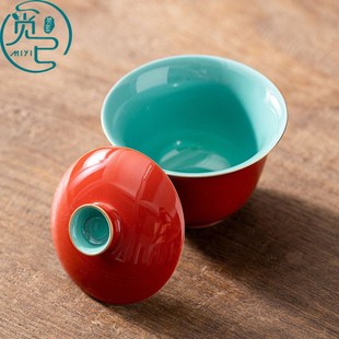 家用两E才盖碗高端手工品茗杯功夫茶具 故宫素简红鎏金盖碗中式
