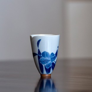 彩蓝染青花品茗杯 手绘釉下兰花 陶瓷茶K具主人杯个人专用杯子茶