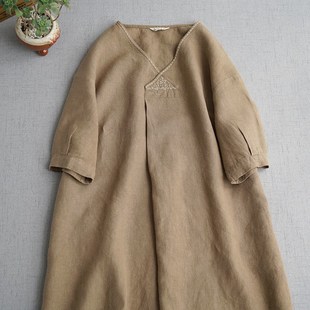 长裙刺绣宽松2子 亚麻连衣季 速发文艺棉麻装 袍02夏裙新款