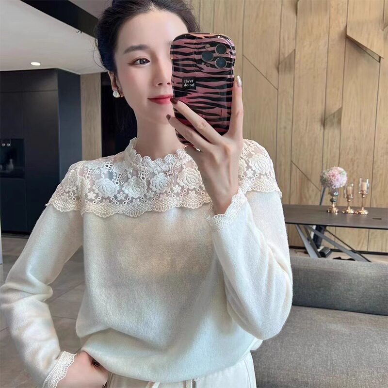 速发法式蕾丝毛衣秋冬季针特别致内搭白色独织打底衫