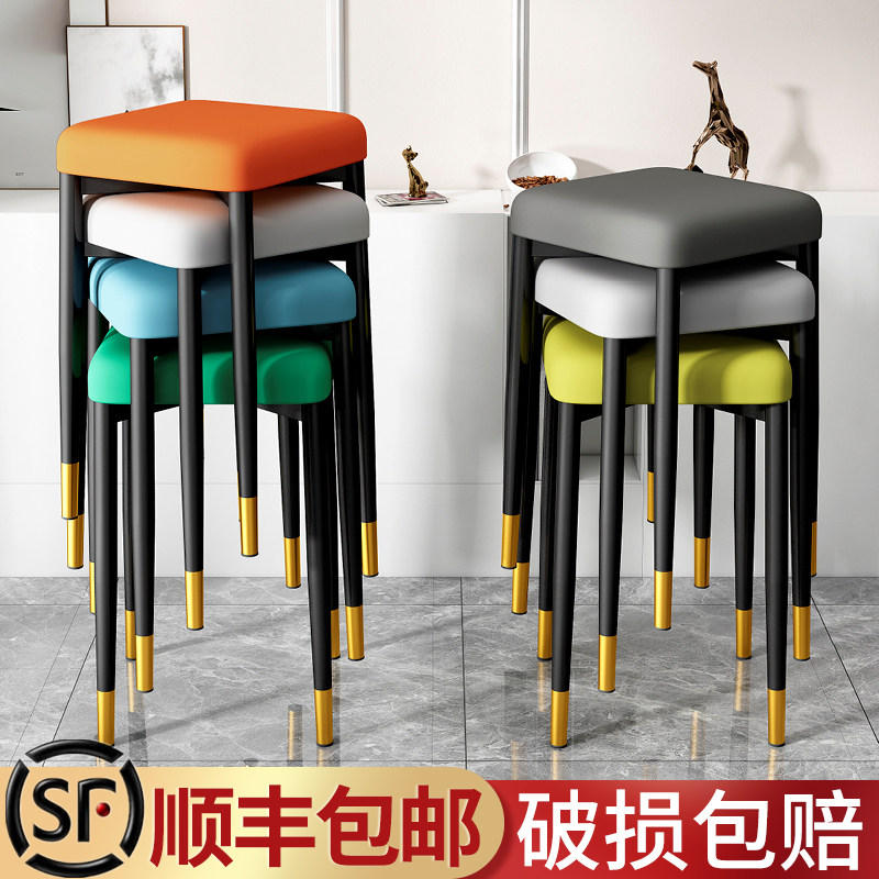 速发家用凳餐轻饭方凳简约创意铁艺可叠放凳子客厅吃奢圆凳化妆小