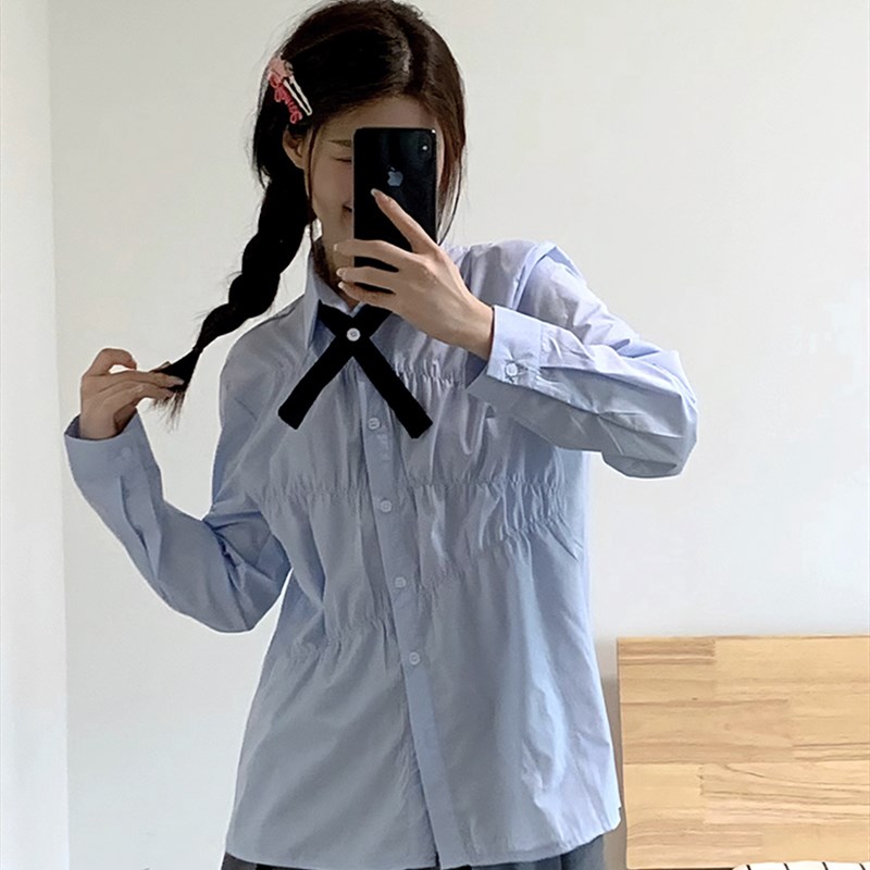 速发学院风甜美长袖休版宽松褶上jk衬衣小清搭韩闲皱衣