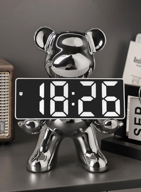 速发品奢熊时钟饰件家居客厅玄关卧室装摆轻桌面闹钟电子钟