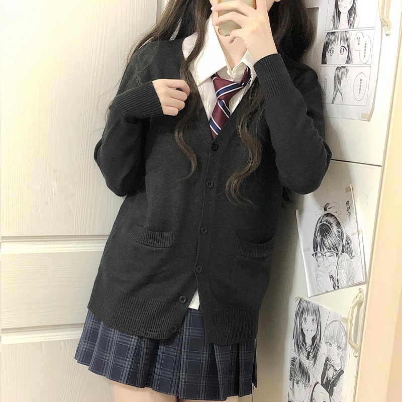速发 深灰色JK毛衣开衫外k秋j学院风款套制服上衣