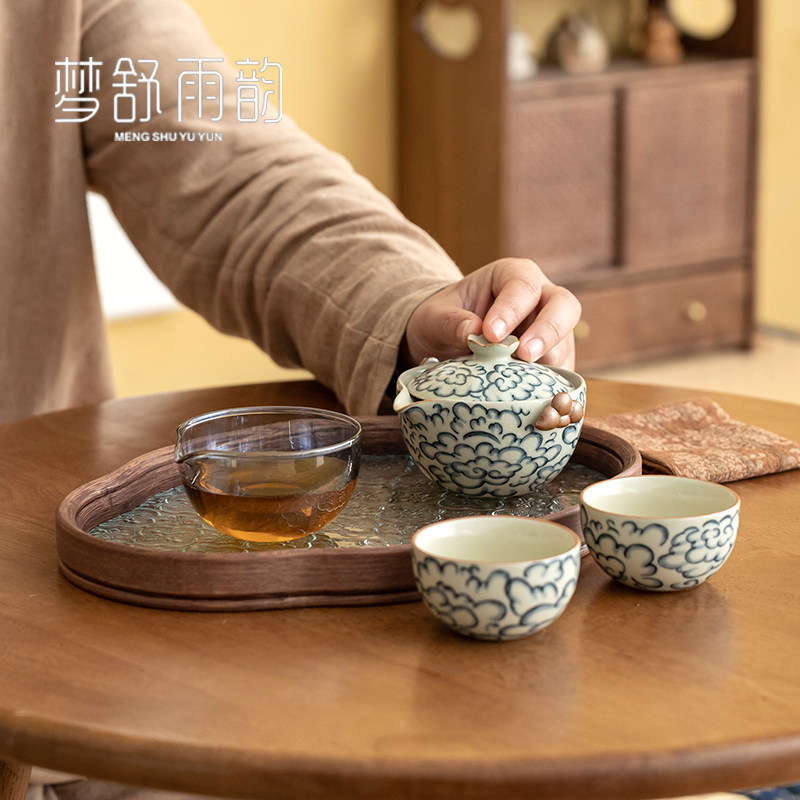 速发米黄汝窑祥云快客行一壶两杯旅杯茶具套装便携式一小饮户外人