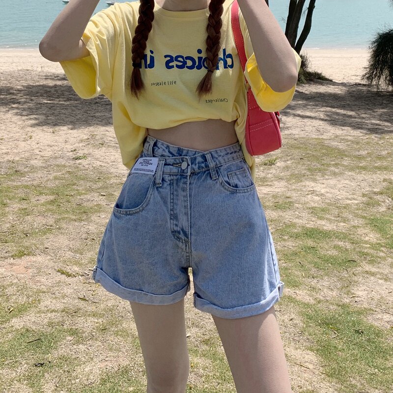 速发夏季设计感裤子高腰牛仔短裤大码装薄款辣妹阔腿a字热裤