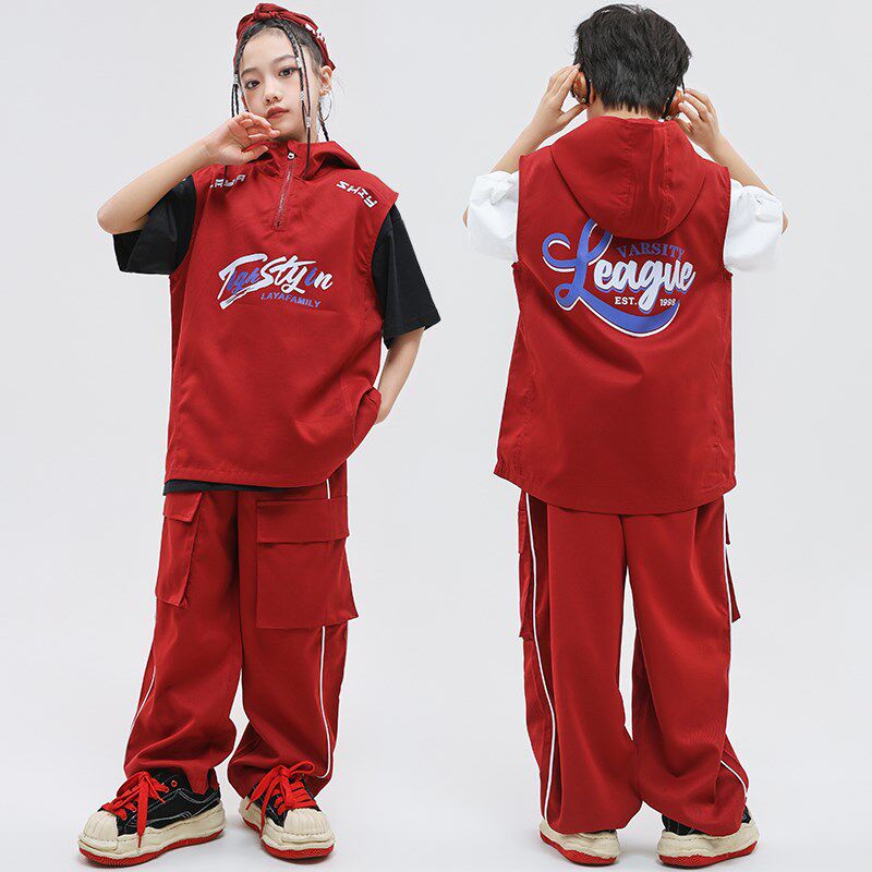 速发少儿街舞潮服男孩嘻哈风新款酒红套装少儿架子鼓孩hiphop演出