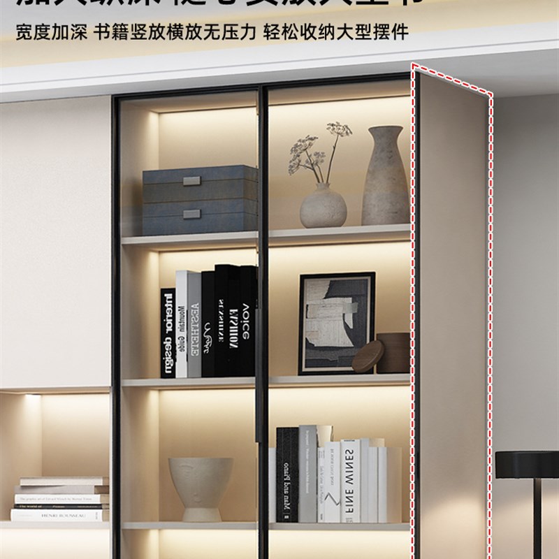 速发物木书柜落地尘物架防置玻璃门一体靠墙简约储实柜客厅展示柜