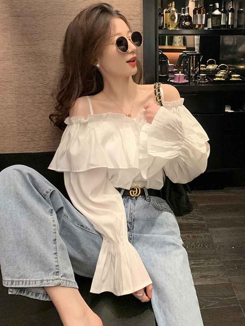 速发法式辣妹纯欲荷叶边一字领露上吊带肩小设计感衣众性感洋气