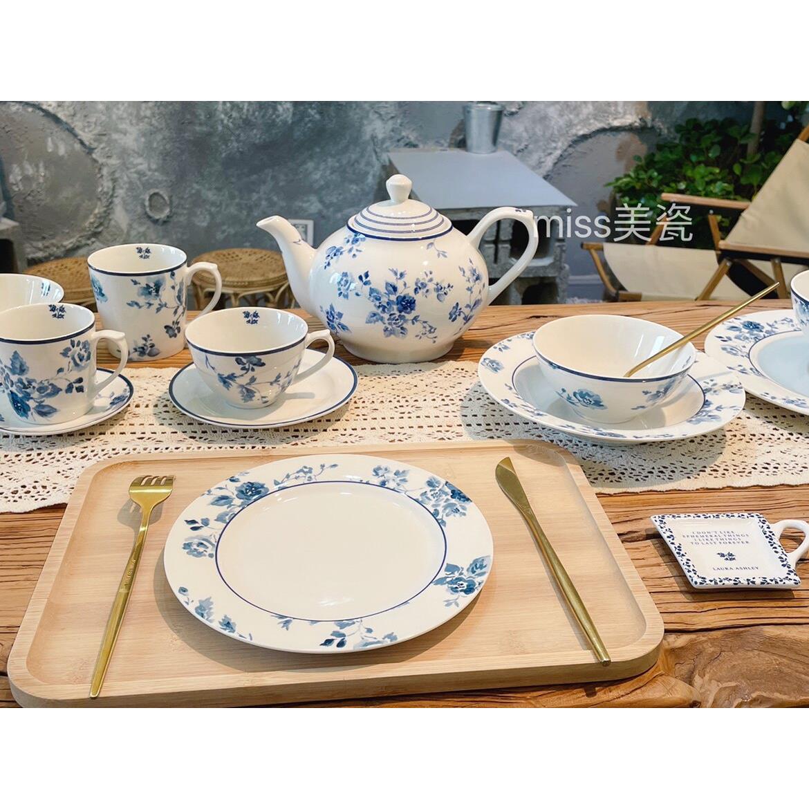 英式玫瑰花水墨釉下彩青花款汤盘餐盘 大碗小碗 下午茶套装