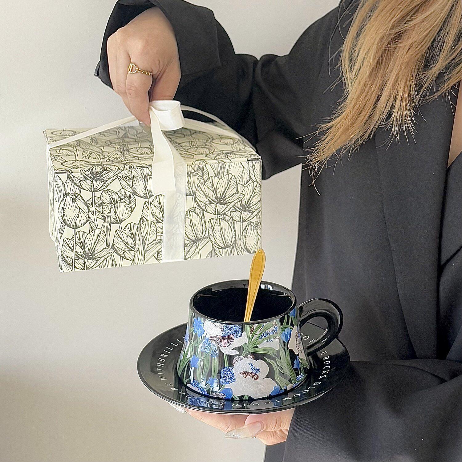 鸢尾花杯碟咖啡杯陶瓷杯子轻奢复古杯碟套装活动礼品鸢尾花咖啡杯