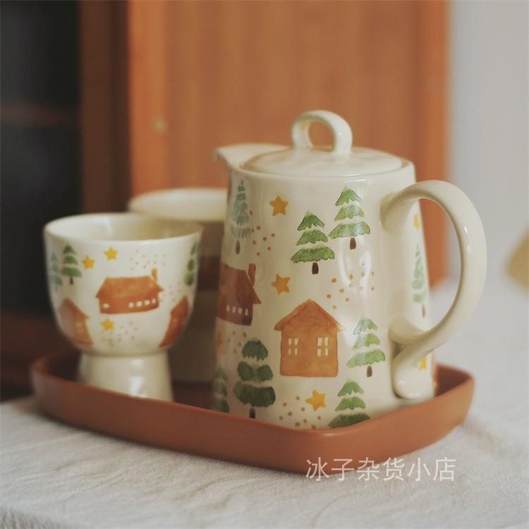 房子与树手捏手绘咖啡杯碟手握杯茶壶随手杯面碗大耳朵杯茶壶家用