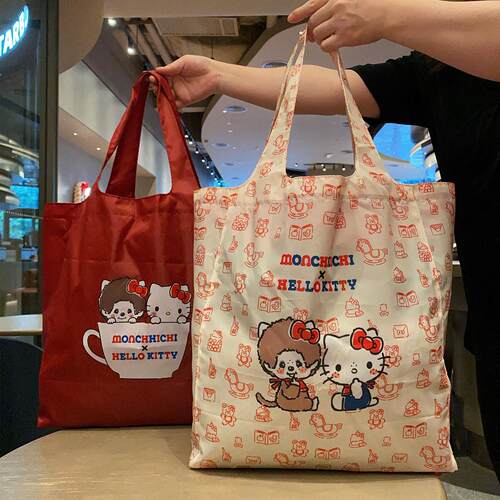 日系卡通萌奇奇可爱猫咪折叠购物袋大容量捆绳束口环保袋收纳袋潮