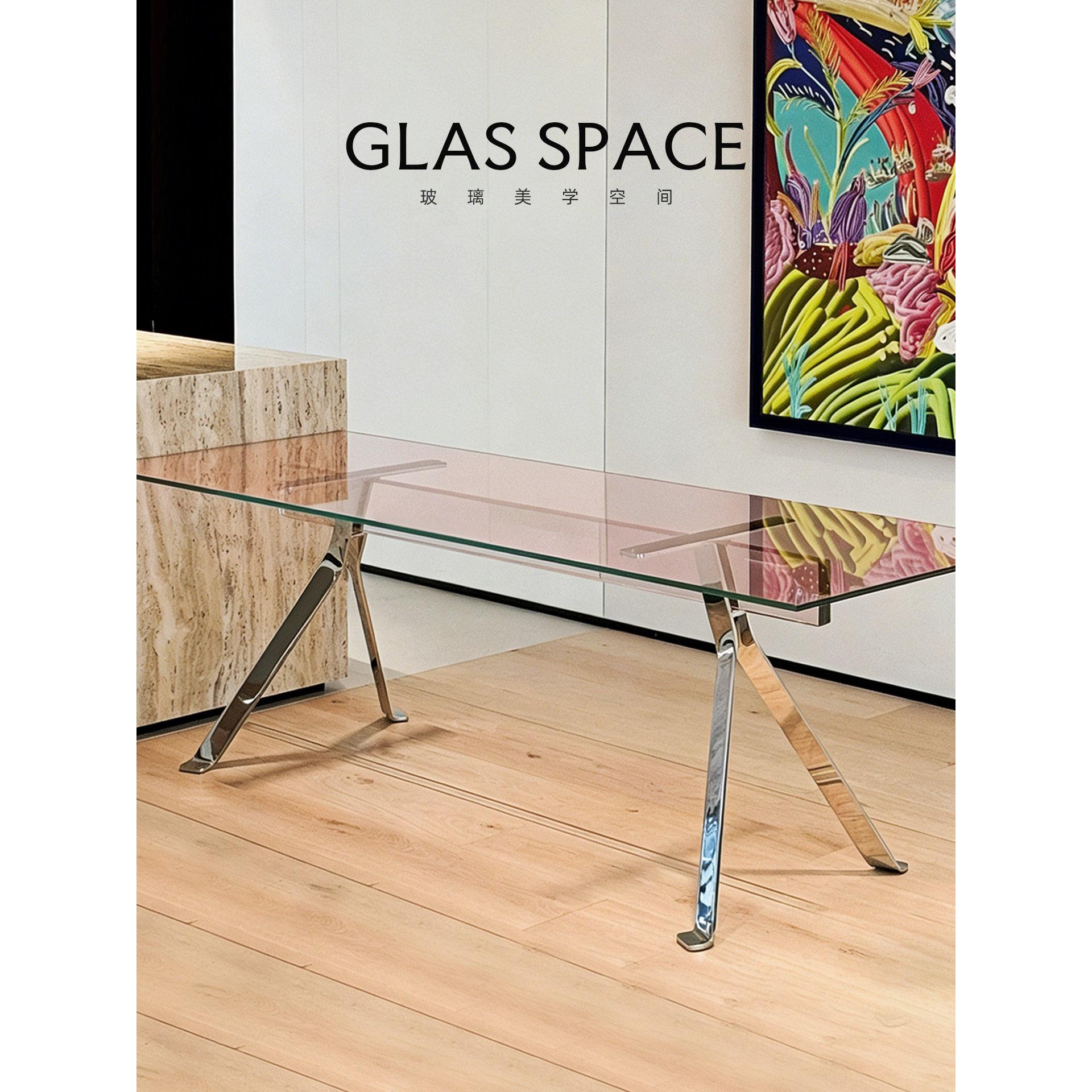 GLAS玻璃餐桌现代简约餐厅家用长方形透明不锈钢饭桌高级感办公桌
