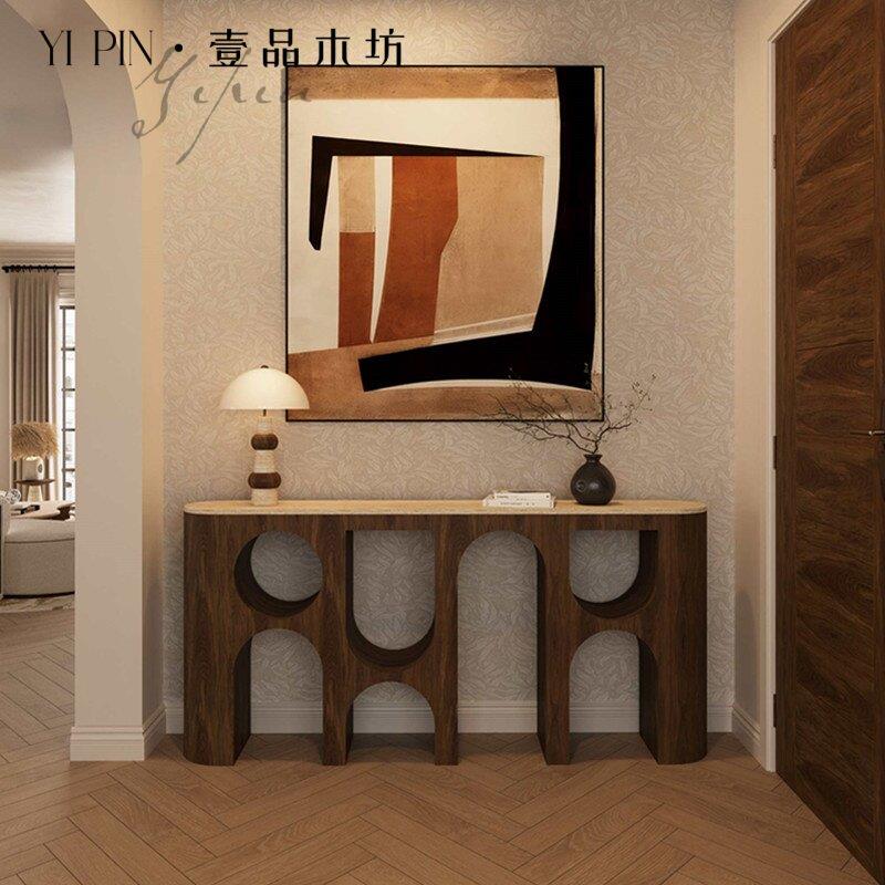 中古侘寂风实木洞石玄关桌走廊过道端景台复古简约高端靠前玄关台图片