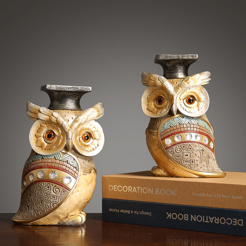 新中式卡通猫头鹰房间电视柜小摆件创意展示柜餐厅店铺民宿装饰品