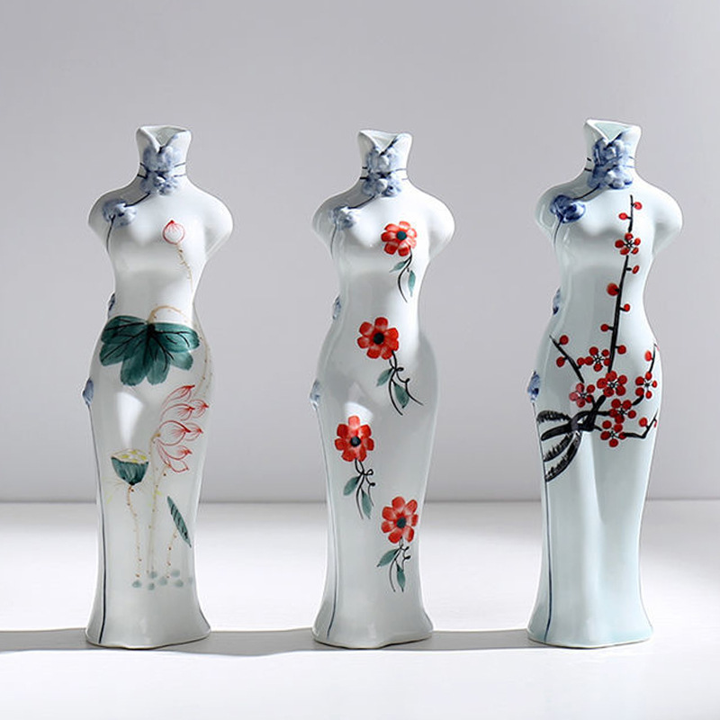 青瓷中式唐装旗袍手绘花瓶陶瓷花插干花水培花器家居桌面装饰摆件