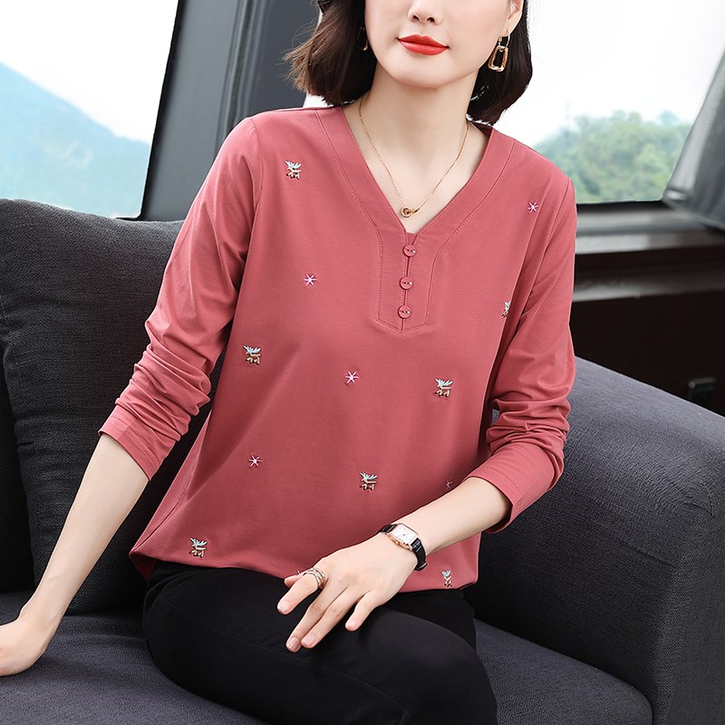 妈妈纯棉长袖T恤女2024春秋装新款中老年大码V领上衣气质打底衫潮