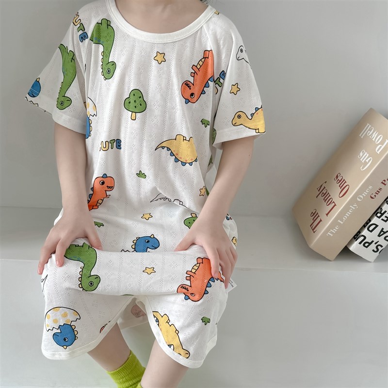 让痱子拜拜~宝宝网眼透气宅家睡袍抗菌短袖按扣防踢睡裙儿童睡衣