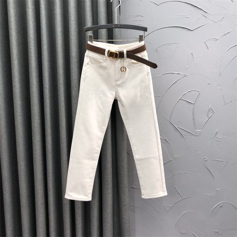 白色休闲加绒小个子直筒牛仔裤女新款冬季时尚洋气加厚九分烟管裤