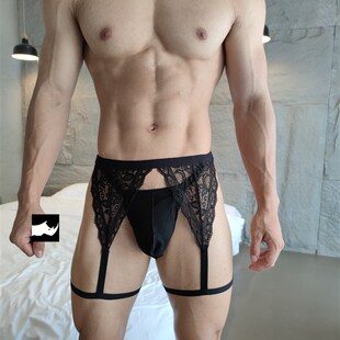 11PUB 从属秩序 蕾丝男士双丁内裤中腰性感丝滑黑色绑带T裤2023